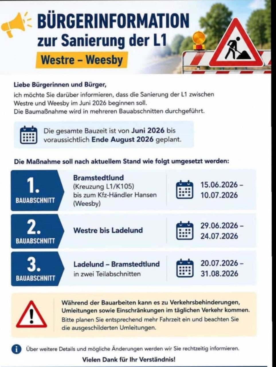 Sanierung der L1 zwischen Westre und Bramstedtlund